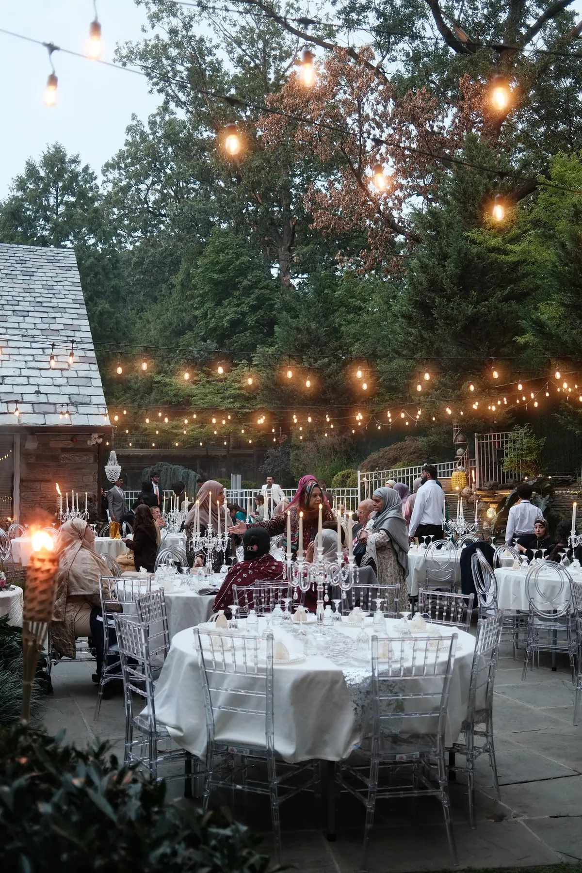 Garden tables at dusk